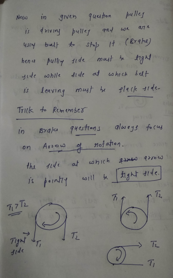 Now in given question pulley we driviry and pulley usly belt to stop stop it (Brake) hena pulling side must be tight il side