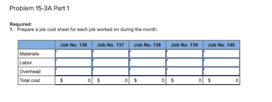 Problem 15-3A Part 1 Required: 1. Prepare a job cost sheet for each job worked on during the month. Job No. 136 Job No. 137 J