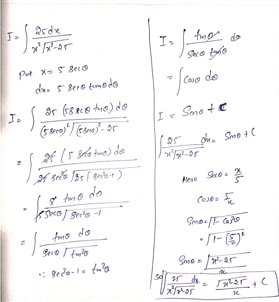 In as da x²1x²-25 tmo do Iz Seco teño Put 2=5 Secco du= 5 seco tomo do - (con Coso do Smo to Iz I = 85 (58 8c to two) do Sere