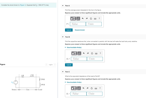 Consider the circuit shown in (Figure 1). Suppose that V, = 500_0°V (rms). Part A Find the average power dissipated in the li