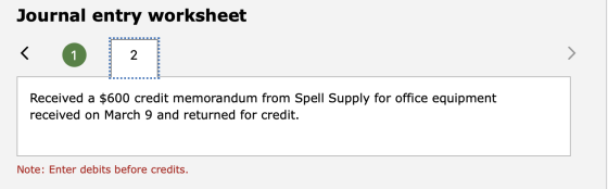 Journal entry worksheet Received a $600 credit memorandum from Spell Supply for office equipment received on March 9 and retu
