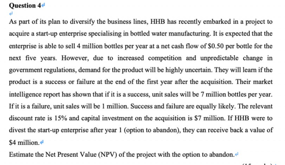 Question 4 As part of its plan to diversify the business lines, HHB has recently embarked in a project to acquire a start-up