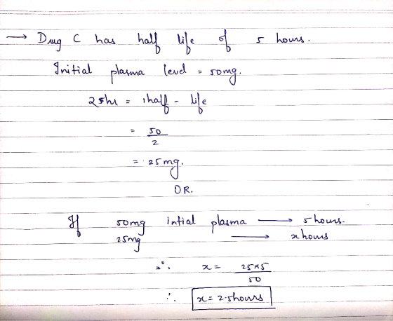 s hours. Dug C has half life of Initial plasma level = somg. ashi = half-life 2 3:25 mg OR song intial plasma - shows ahoms 2