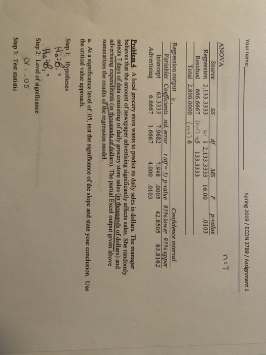Your name Spring 2019/ECON 3789/Assignment 1 n:7 ANOVA Source MS lue .0103 Regression 2,133.3333 H 1 2,133.3333 16.00 Residua