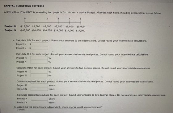 CAPITAL BUDGETING CRITERIA A firm with a 13% WACC is evaluating two projects for this years capital budget. After-tax cash f