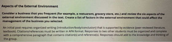 Aspects of the External Environment Consider a business that you frequent (for example, a restuarant, grocery store, etc.) an