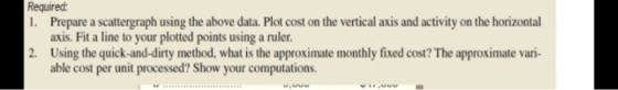 Required: 1. Prepare a scattergraph using the above data. Plot cost on the vertical axis and activity on the horizontal axis.
