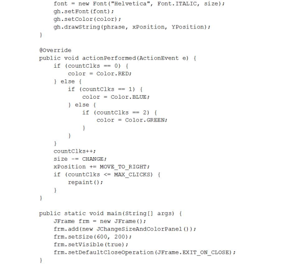 font new Font (Helvetica, Font. ITALIC, size); gh.setFont (font); gh.setColor (color)i gh.drawstring (phrase, xPosition, YP