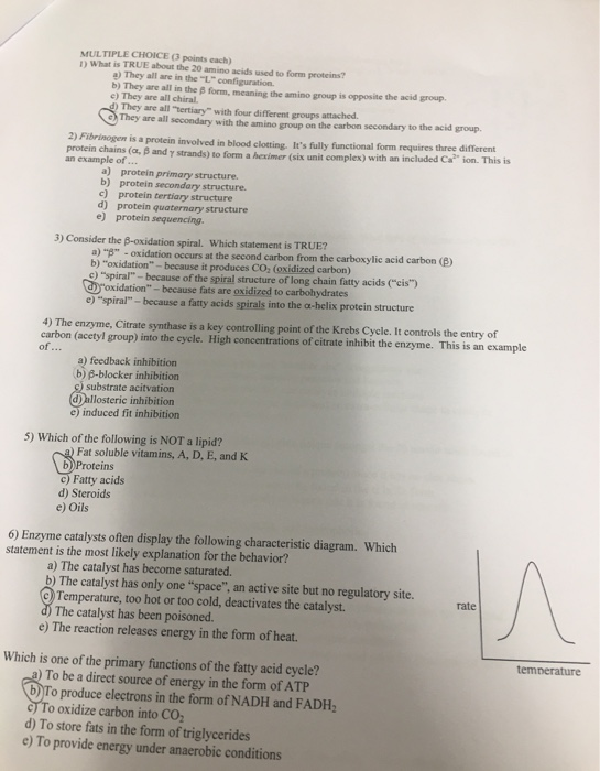 VULTIPLE CHOICE points each) 1) What is TRUE about the 20mino acids used to form proteins? a) They all are in the Lconfigur