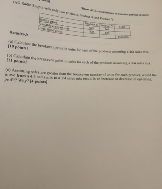 Show ALL calculations to receive partial credit!! (a) Calculate the breakeven point in units for each of the products assumin