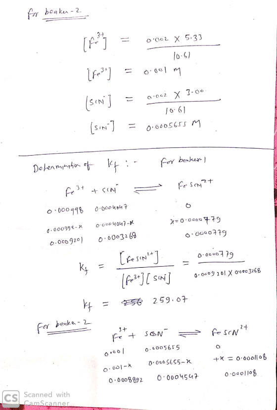 for beaken - 2 fel = 0CO2 X 5.33 10.61 1 Fe3+] = ooolm = 0.0oż X 3.00 (simi I 10.61 = 0.0005655 m Determination of k i . For
