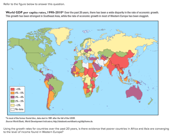 Refer to the figure below to answer this question. World GDP per capita rates, 1990–2010* Over the past 20 years, there has b
