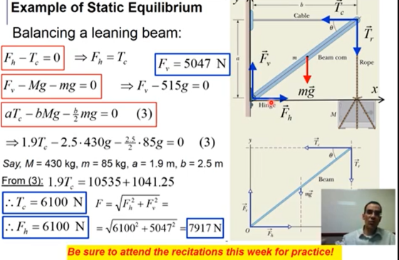 T. Cable 1 Example of Static Equilibrium Balancing a leaning beam: F-T=0] =F=T, F = 5047 N F, - Mg - mg = 0) = F, - 515g = 0