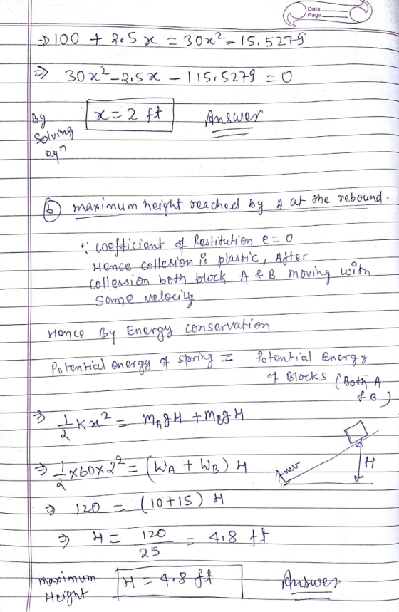 Data Page. 100 + 205 x = 30x²15.5279 D 30x²_215x 115,5279 =0 By 1x=2 ft Answer solving ey maximum Im height reached by A at