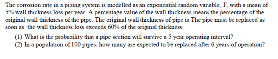 The corrosion rate in a piping system is modelled as an exponential random variable, Y, with a mean of 5% wall thickness loss