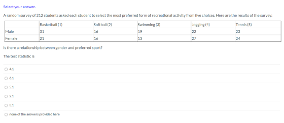 Select your answer. A random survey of 212 students asked each student to select the most preferred form of recreational acti