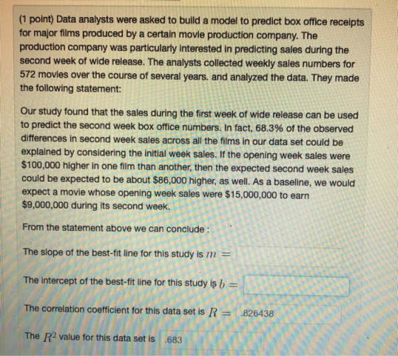 (1 point) Data analysts were asked to build a model to predict box office receipts for major films produced by a certain movi