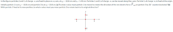 In the figure particles 2 and 4, of charge -e, are fixed in place on a y axis, at y2 -10.8 cm and y 5.40 cm. Particles 1 and 3, of charge -e, can be moved along the x axis. Particle 5, of charge te, is fixed at the origin Initially particle 1 is at x1 10.8 cm and particle 3 is at x3 10.8 cm. (a) To what x value must particle 1 be moved to rotate the direction of the net electric force F neon particle 5 by 30 counterclockwise? (b) With particle 1 fixed at its new position, to whatx value must you move particle 3 to rotate back to its original direction?
