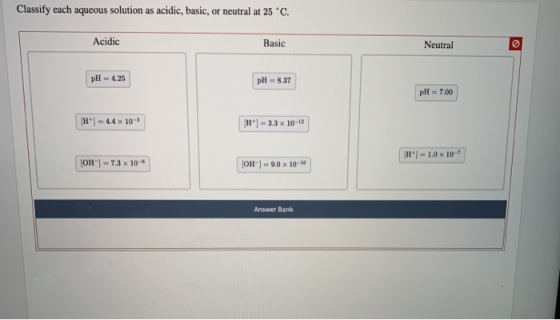 Classify each aqueous solution as acidic, basic, or neutral at 25 C. Acidic Basic Neutral pH = 4.25 pH = 8.37 pH = 7.00 H) -