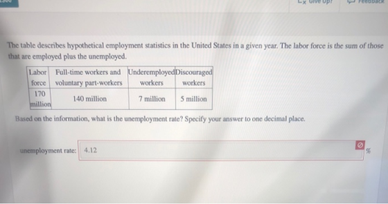 LX The table describes hypothetical employment statistics in the United States in a given year. The labor force is the sum of
