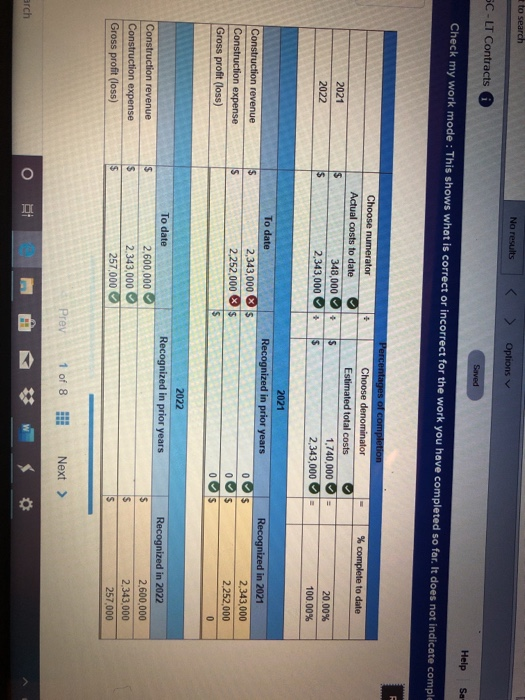to search No results > Options 5C - LT Contracts Saved Help Se Check my work mode: This shows what is correct or incorrect fo