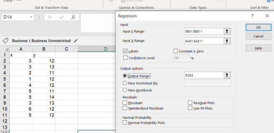 Get & Transform Data Queries & Connections Data Types Sort & Filter D14 fx Regression ? Х Input Input Y Range: OK $B$1:$B$11
