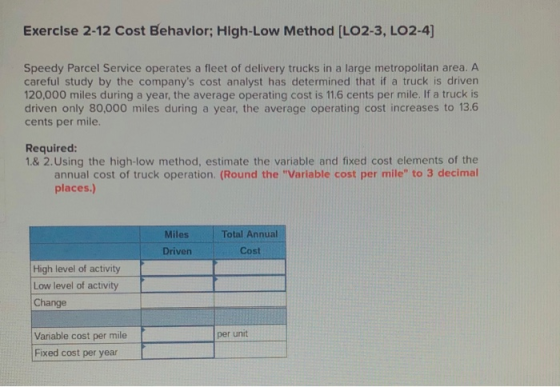 Exercise 2-12 Cost Behavior; High-Low Method (LO2-3, LO2-4) Speedy Parcel Service operates a fleet of delivery trucks in a la