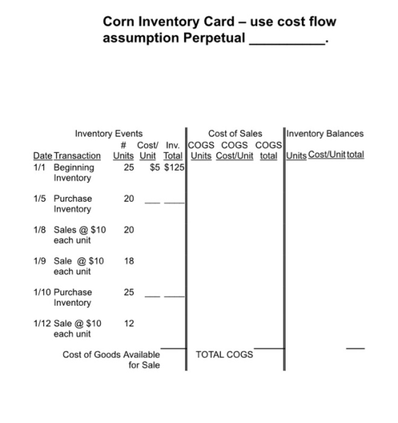 Corn Inventory Card - use cost flow assumption Perpetual_ Inventory Events Cost of Sales Inventory Balances # Cost/ Inv. COGS