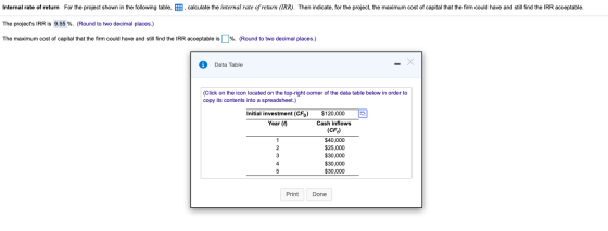 Internal rate of return For the project shown in the following table, , calculate the internal rate of return (IRR). Then ind