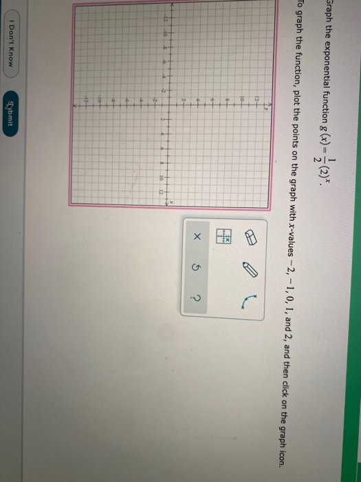 Graph the exponential function g(x) = ș(2)*. To graph the function, plot the points on the graph with X-values -2, -1,0, 1, a