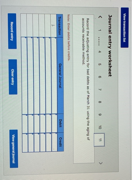 View transaction list Journal entry worksheet < 1 ..... 4 5 6 7 8 9 10 11 Record the adjusting entry for bad debts as of Marc