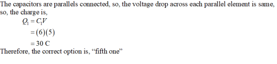 The capacitors are parallels connected, so, the voltage drop across each parallel element is same, so, the charge is, Qı = CV