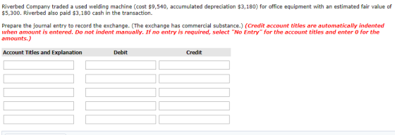 Riverbed Company traded a used welding machine (cost $9,540, accumulated depreciation $3,180) for office equipment with an es