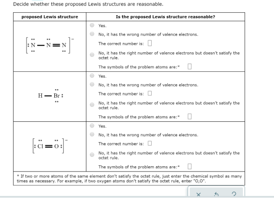 Decide whether these proposed Lewis structures are reasonable. proposed Lewis structure Is the proposed Lewis structure reaso