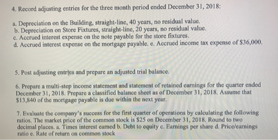4. Record adjusting entries for the three month period ended December 31, 2018: a. Depreciation on the Building, straight-line, 40 years, no residual value. b. Depreciation on Store Fixtures, straight-line, 20 years, no residual value. c. Accrued interest expense on the note payable for the store fixtures. d. Accrued interest expense on the mortgage payable. e. Accrued income tax expense of $36,000. 5. Post adjusting entries and prepare an adjusted trial balance. 6. Prepare a multi-step income statement and statement of retained earnings for the quarter ended December 31, 2018. Prepare a classified balance sheet as of December 31, 2018. Assume that $13,840 of the mortgage payable is due within the next year. 7. Evaluate the companys success for the first quarter of operations by calculating the following ratios. The market price of the common stock is $25 on December 31, 2018. Round to two decimal places. a. Times interest earned b. Debt to equity c. Earnings per share d. Price/earnings ratio e. Rate of return on common stock