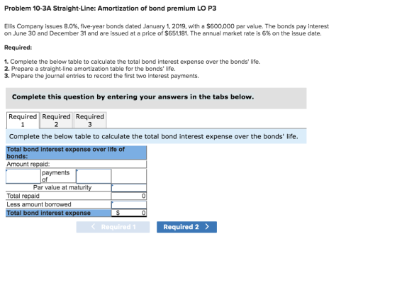 Problem 10-3A Straight-Line: Amortization of bond premium LO P3 Ellis Company issues 8.0%, five-year bonds dated January 1, 2