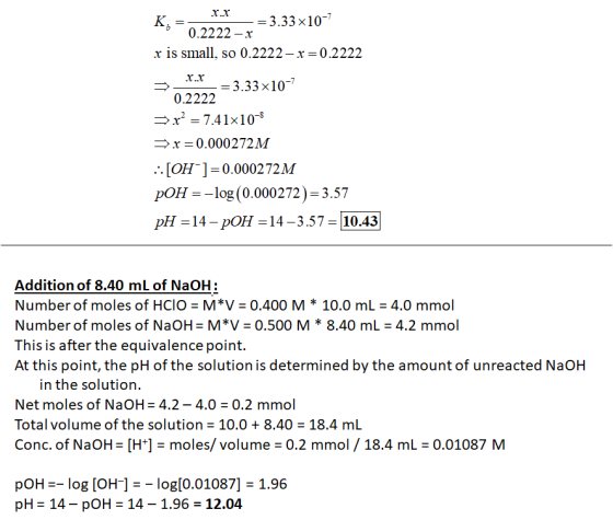 X.X -= 3.33x10-7 0.2222-X x is small, so 0.2222-x=0.2222 3.X.X_-33310- 0.2222 = 3.33x10- x² = 7.41x10-8 x=0.000272M :: [OH]=