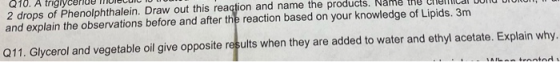 Q10. A trigiycenae molear 2 drops of Phenolphthalein. Draw out this reaction and name the products. Name tne chemcal oo and e