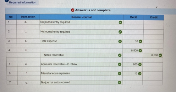 Required information Answer is not complete. No Transaction General Journal Debit Credit No journal entry required No journal