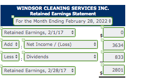 WINDSOR CLEANING SERVICES INC. Retained Earnings Statement For the Month Ending February 28, 2022 Retained Earnings, 2/1/17 A