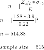Za/2 * 0,2 1.28 * 3.9.2 0.22 n = 514.88 sample size = 515