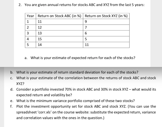 2. You are given annual returns for stocks ABC and XYZ from the last 5 years: Return on Stock ABC (in %) Return on Stock XYZ