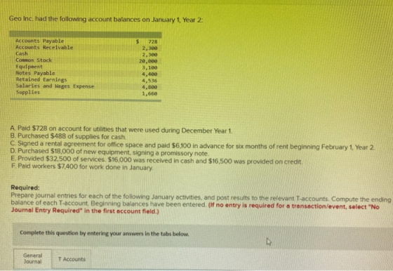 Geo Inc. had the following account balances on January 1, Year 2. Accounts Payable Accounts Receivable Cashi Common Stock Equ