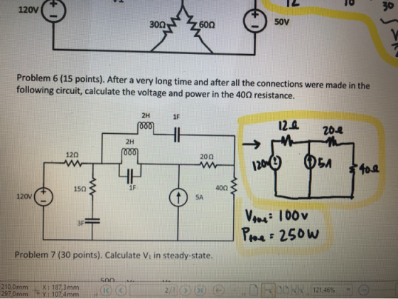 30 120V 50V 300 600 Problem 6 (15 points). After a very long time and after all the connections were made in the following ci