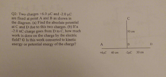 Two charges +6.0 mu C and -2.0 mu C are fixed at p