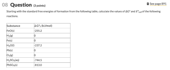 08 Question (3 points) e See page 891 Starting with the standard free energies of formation from the following table, calcula