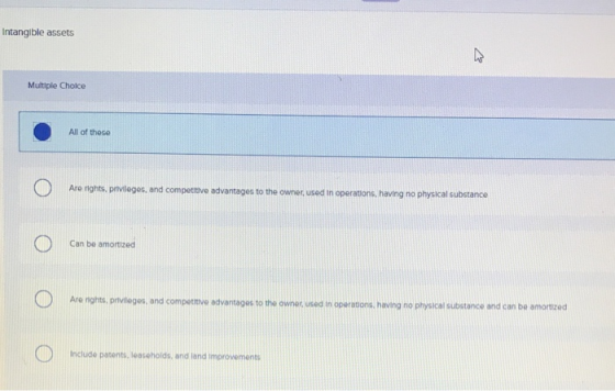 Intangible assets Multiple Choice All of these Are rights, prvileges, and competitive advantages to the owner, used in operat