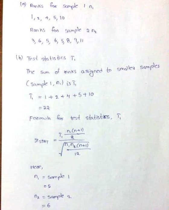 to) Ranks fo Smple n, 2, 4,5, 10 Ranks fo Sample 2n2 () Test statistics T The Sum of anks osioned to smallea Samplcs Sample 1, n.) isT, Fomo test statistirs, T Hear,