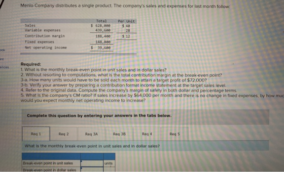 Menlo Company distributes a single product. The companys sales and expenses for last month follow: Total Sales Variable expe
