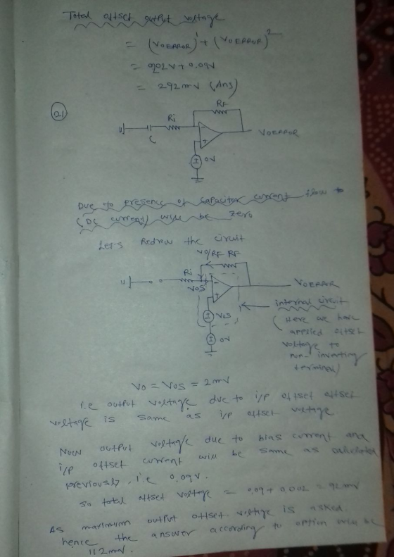 Total offset output voltage = (VOERROR) + (VO ERRER ? 902 voor = 292m (Ans) RA Ri wow VOERROR Due to presence et sapacitor cu